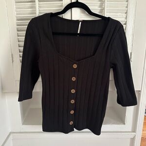 Free People Black Ribbed Button-Down Top